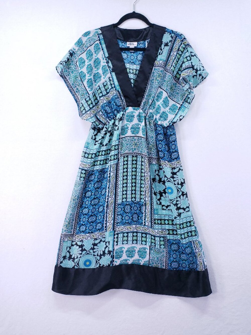 JBS Midi Dress Size 10 V Neck Patchwork Boho Sheer Beach Casual